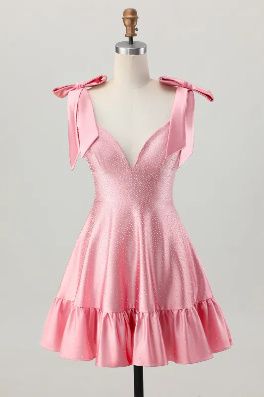 Blush Pink A Line V-Neck Beaded Satin Homecoming Dress with Bows sold by Wedtrend