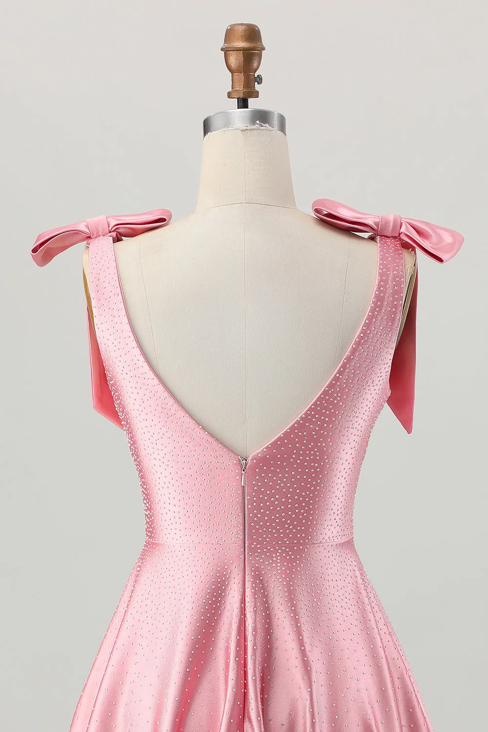 Blush Pink A Line V-Neck Beaded Satin Homecoming Dress with Bows sold by Wedtrend product image thumbnail 5