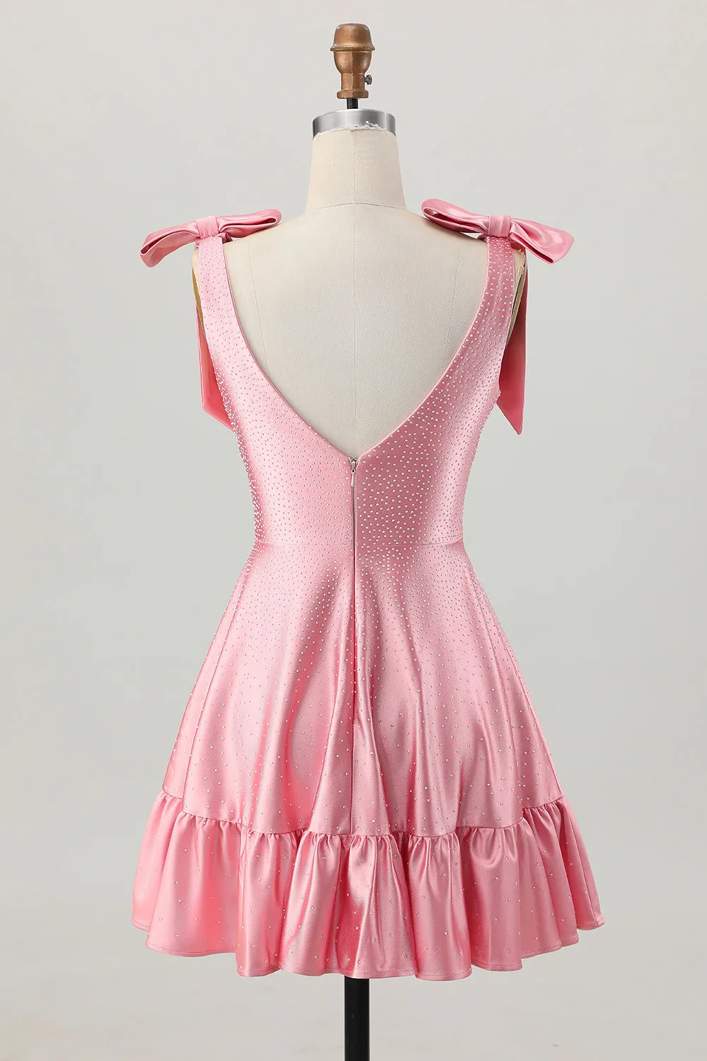 Blush Pink A Line V-Neck Beaded Satin Homecoming Dress with Bows sold by Wedtrend product image thumbnail 2