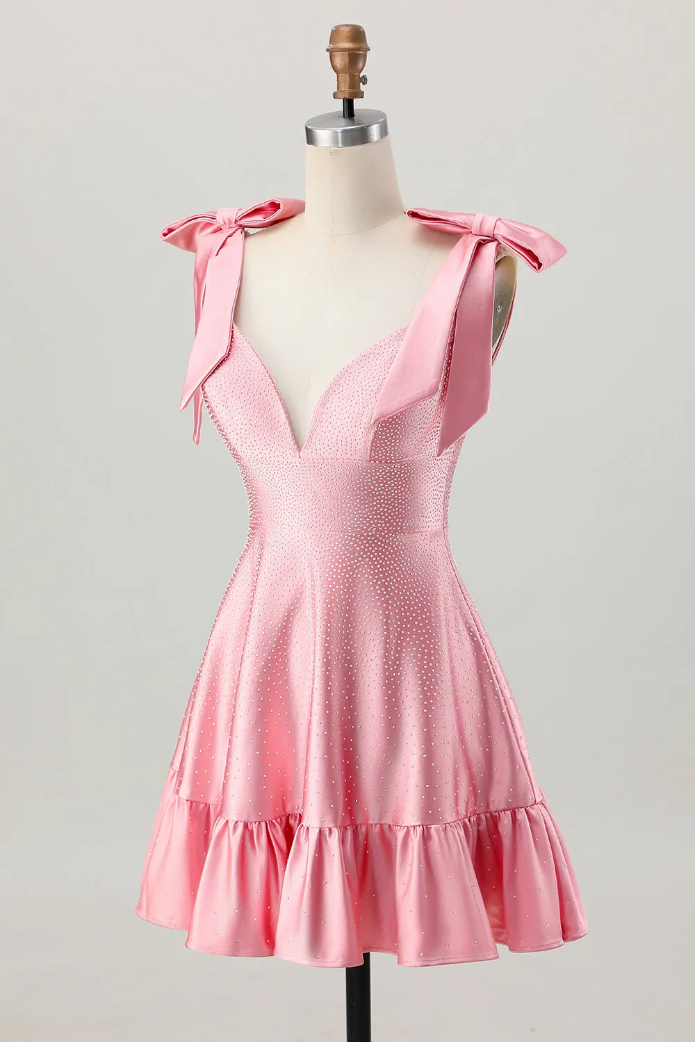 Blush Pink A Line V-Neck Beaded Satin Homecoming Dress with Bows sold by Wedtrend product image thumbnail 3