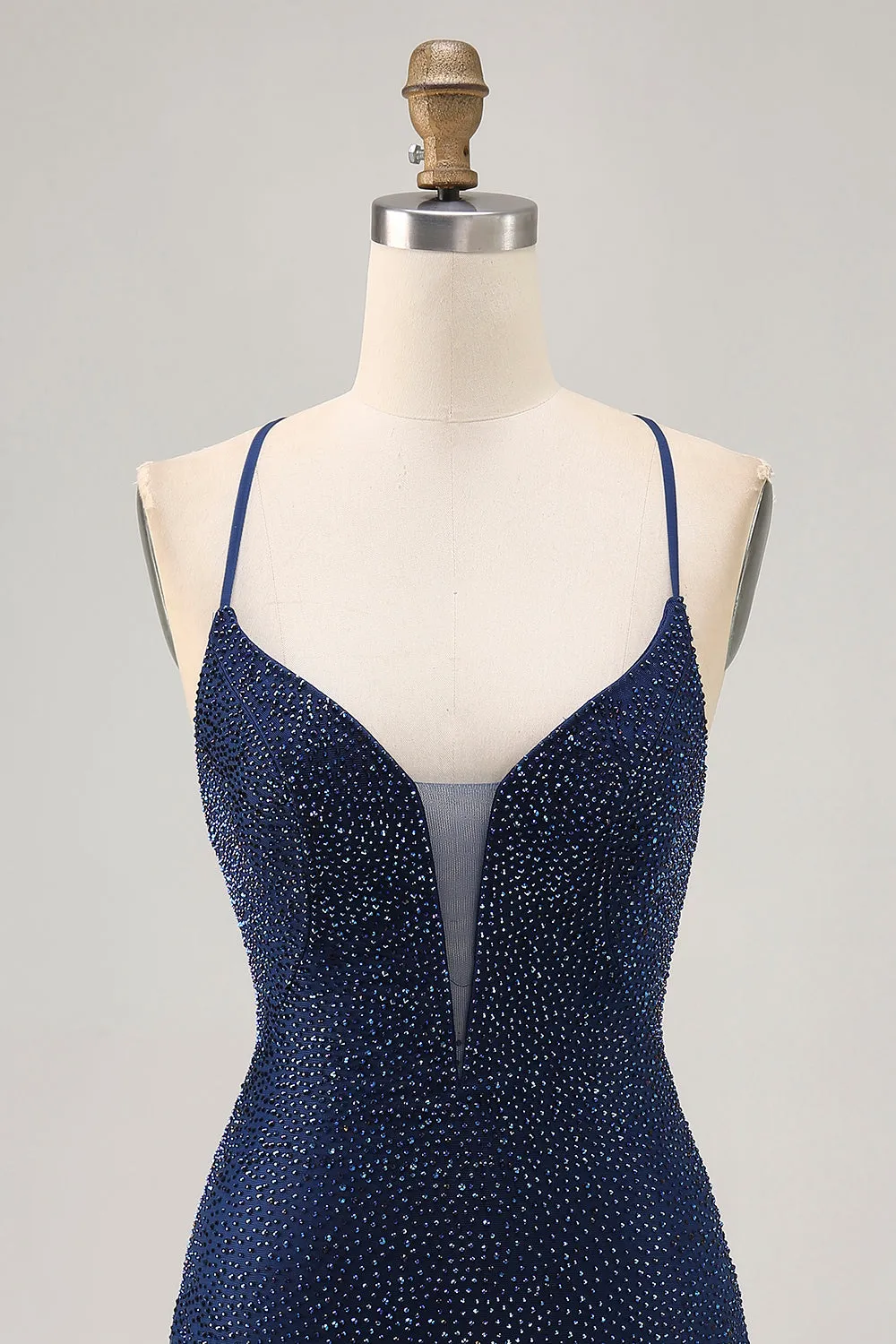 Dark Blue Bodycon Spaghetti Straps Homecoming Dress with Beading sold by Wedtrend product image thumbnail 4