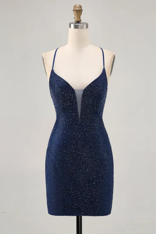 Dark Blue Bodycon Spaghetti Straps Homecoming Dress with Beading made by Wedtrend