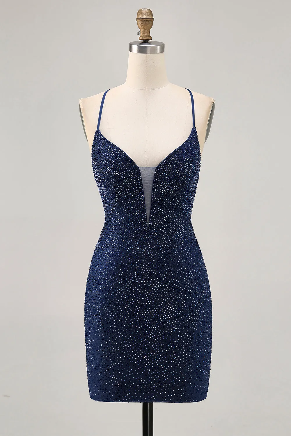 Dark Blue Bodycon Spaghetti Straps Homecoming Dress with Beading sold by Wedtrend