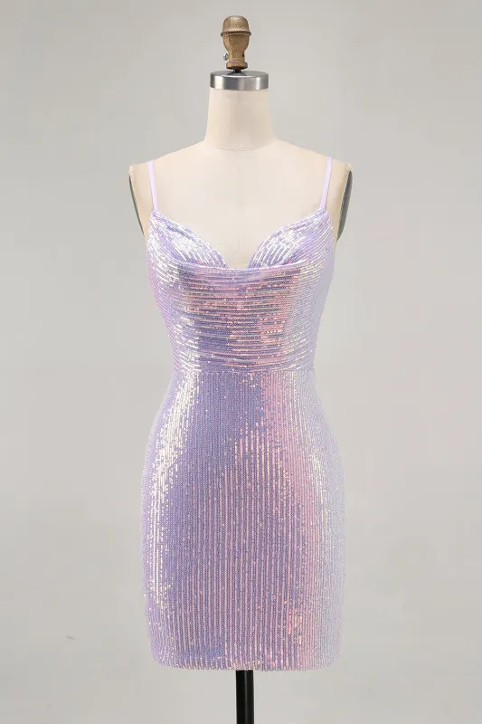 Sparkly Lilac Bodycon Spaghetti Straps Sequins Short Homecoming Dress sold by Wedtrend