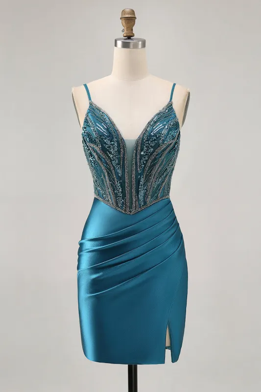 Peacock Blue Bodycon Beaded Sequins Homecoming Dress with Slit sold by Wedtrend