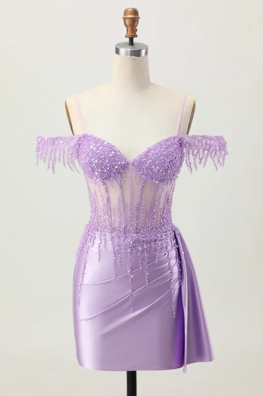 Lilac Sequins Cold Shoulder Beaded Corset Short Homecoming Dress with Streamer sold by Wedtrend