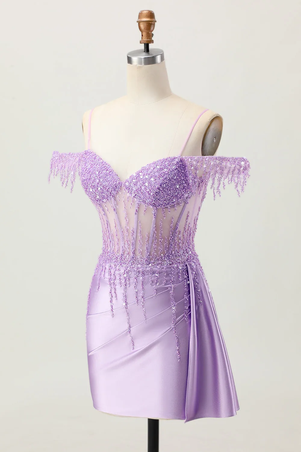 Lilac Sequins Cold Shoulder Beaded Corset Short Homecoming Dress with Streamer sold by Wedtrend product image thumbnail 3