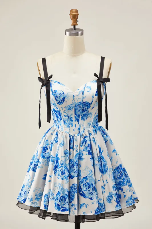 White Blue Floral Corset A Line Short Homecoming Dress with Bow made by Wedtrend