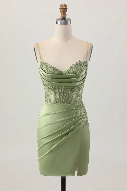 Sage Green Corset Short Satin Tight Homecoming Dress with Slit sold by Wedtrend