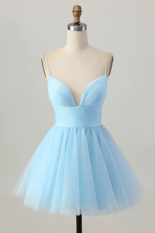 Sky Blue A-Line Spaghetti Straps Backless Short Homecoming Dress made by Wedtrend