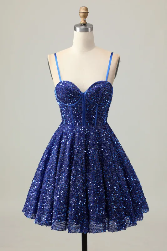 Sparkly Dark Blue A-Line Corset Sequins Homecoming Dress with Lace Up Back made by Wedtrend