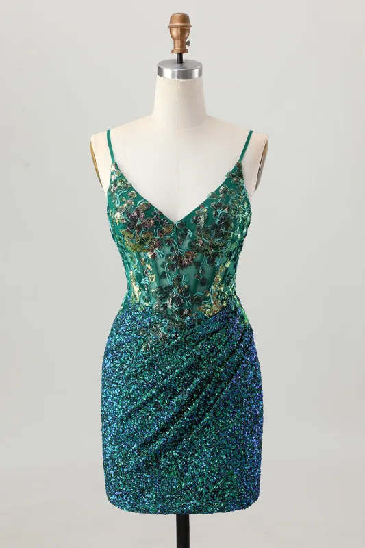 Sparkly Dark Green Spaghetti Straps Corset Short Homecoming Dress with Sequins sold by Wedtrend