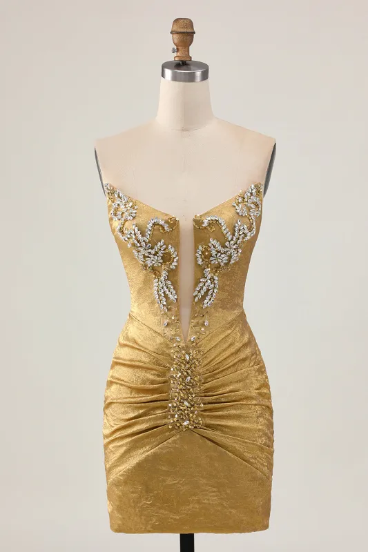 Golden Strapless Short Bodycon Homecoming Dress with Beading made by Wedtrend
