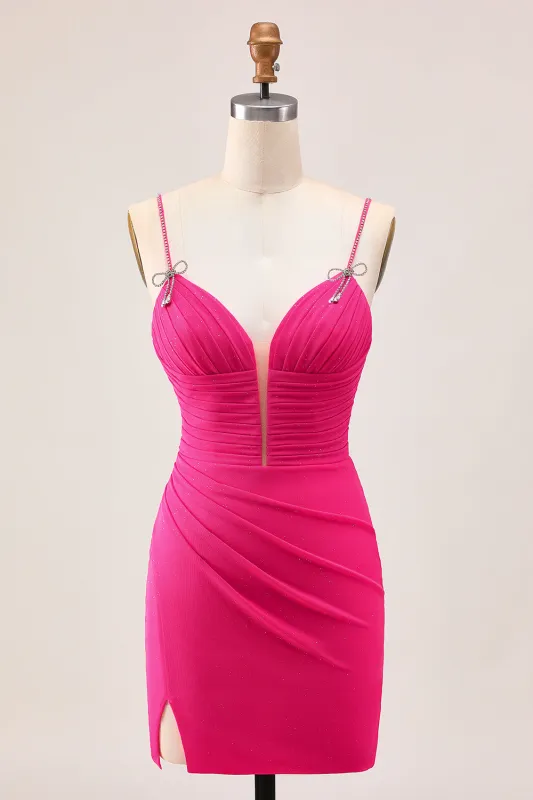 Fuchsia Bodycon Spaghetti Straps Ruched Homecoming Dress with Slit made by Wedtrend
