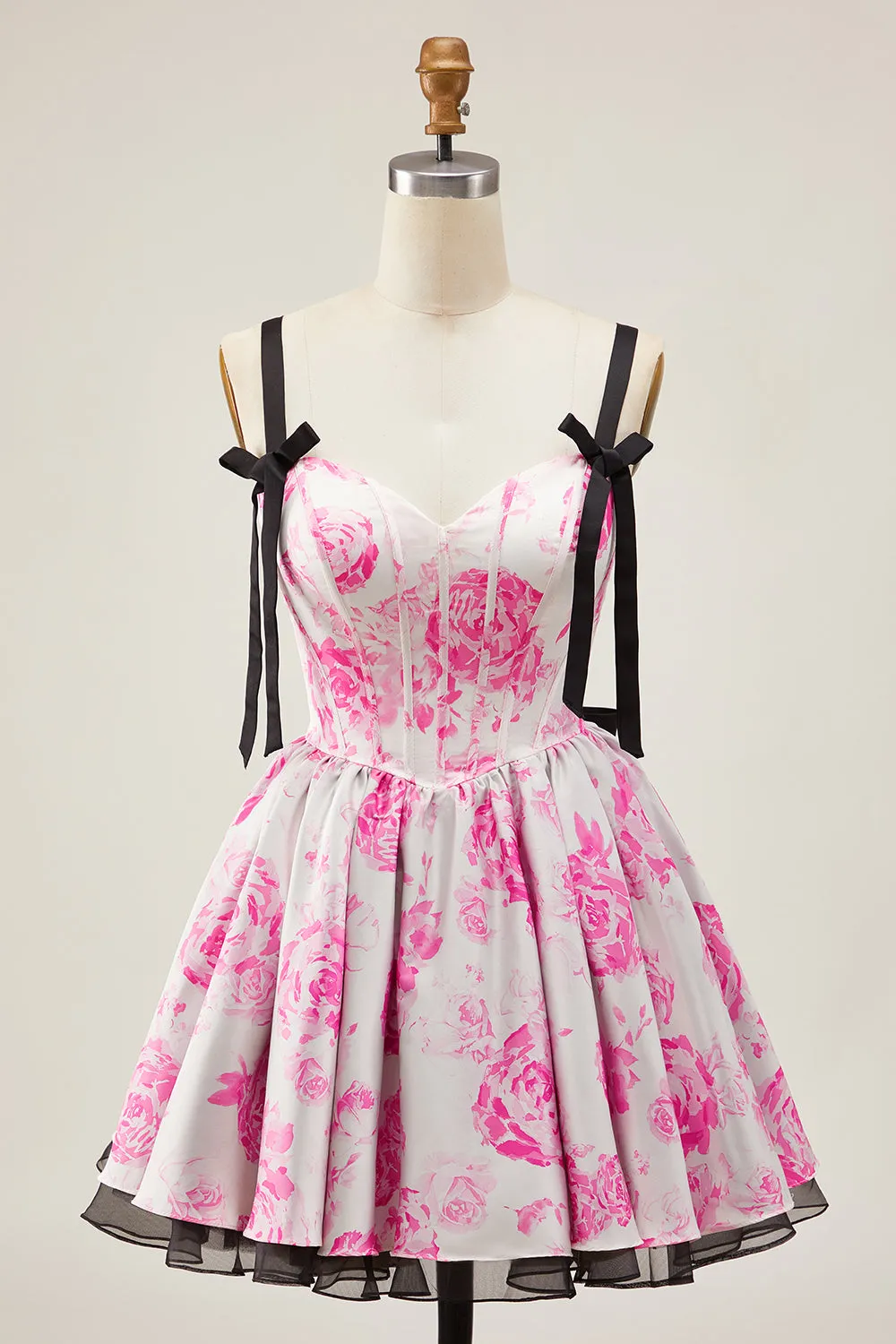 Fuchsia A Line Spaghetti Straps Corset Floral Short Homecoming Dress with Bow sold by Wedtrend