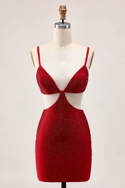 Sparkly Red Bodycon Cut Out Short Homecoming Dress with Beading sold by Wedtrend