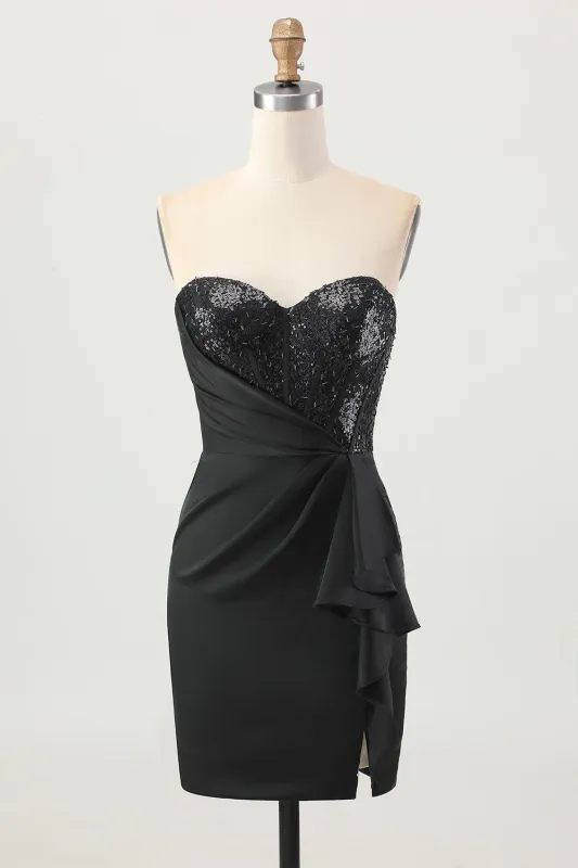 Black Bodycon Strapless Corset Beaded Homecoming Dress with Slit made by Wedtrend