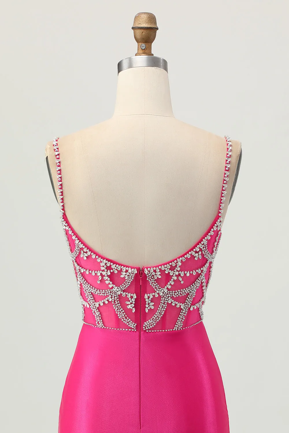 Fuchsia Spaghetti Straps Bodycon Satin Homecoming Dress with Slit sold by Wedtrend product image thumbnail 5