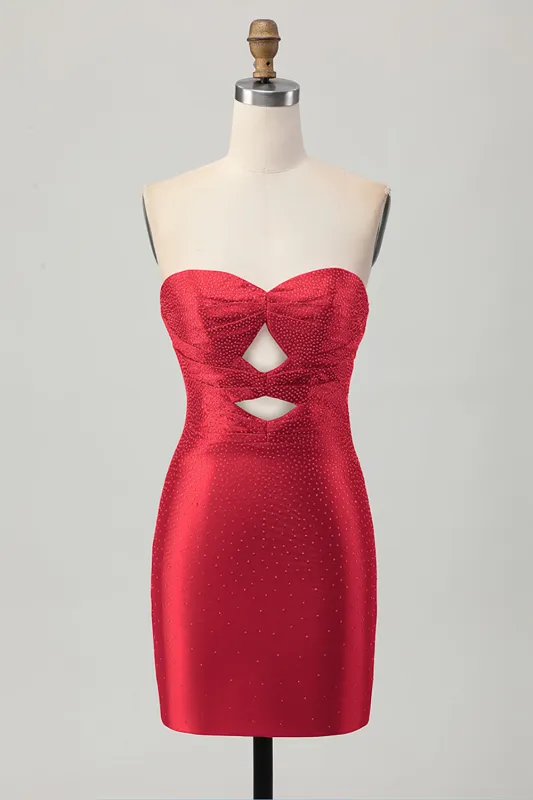 Burgundy Strapless Bodycon Satin Cut Out Short Homecoming Dress with Beading sold by Wedtrend