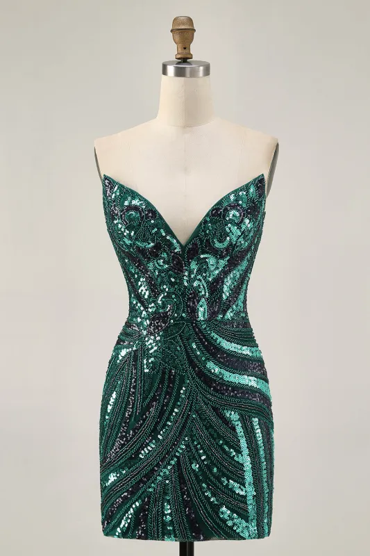 Dark Green Sparkly Strapless Sequins Tight Homecoming Dress sold by Wedtrend