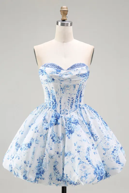 White Blue Flower A-Line Strapless Printed Homecoming Dress with Beading made by Wedtrend
