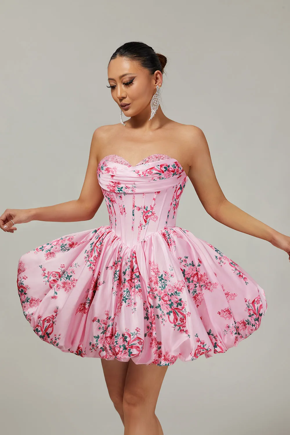 Pink Flower A-Line Strapless Printed Homecoming Dress with Beading sold by Wedtrend product image thumbnail 3