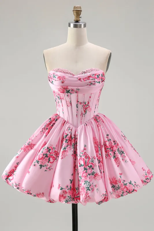 Pink Flower A-Line Strapless Printed Homecoming Dress with Beading made by Wedtrend
