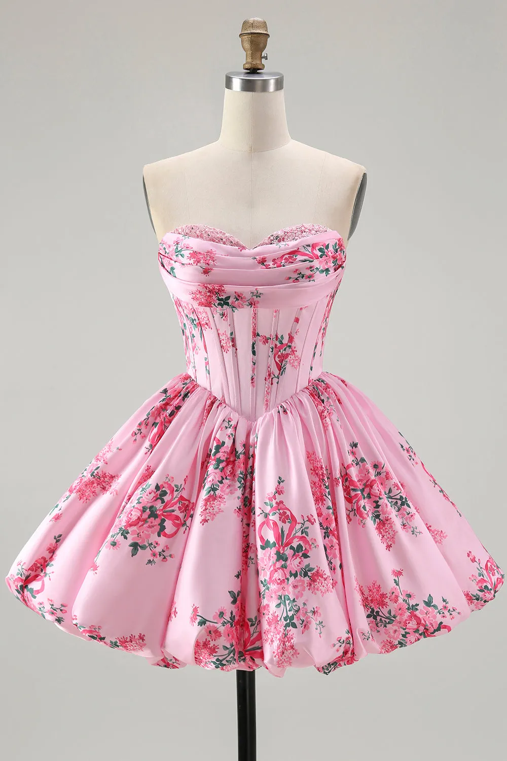 Pink Flower A-Line Strapless Printed Homecoming Dress with Beading sold by Wedtrend