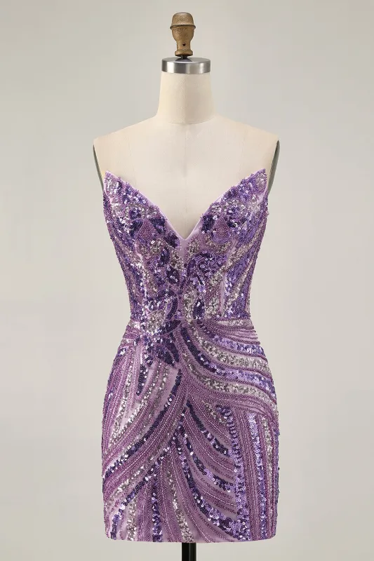 Sparkly Sequins Purple Strapless Tight Short Homecoming Dress sold by Wedtrend