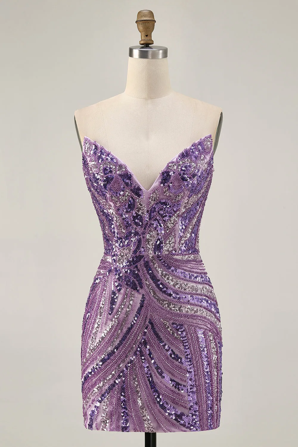 Sparkly Sequins Purple Strapless Tight Short Homecoming Dress sold by Wedtrend