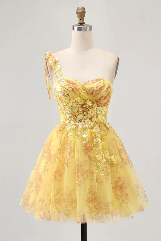 Yellow A Line One Shoulder Sequins Printed Short Homecoming Dress sold by Wedtrend