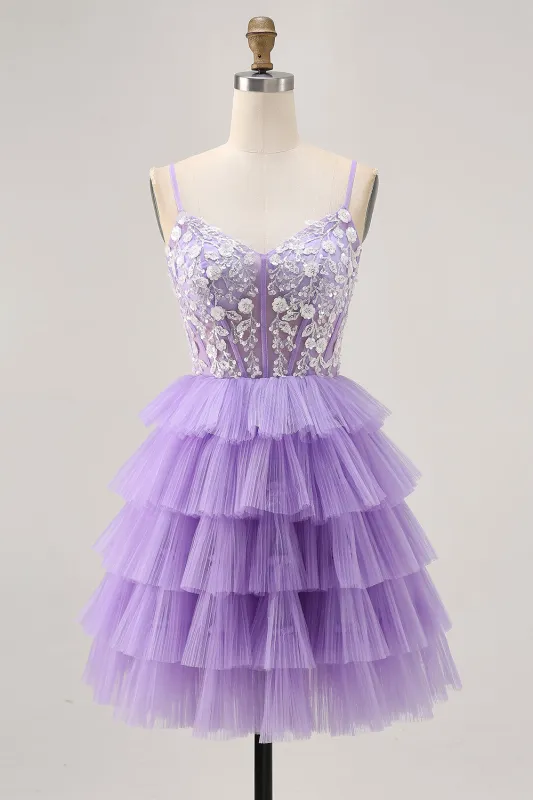 Lavender A-Line Corset Tiered Short Homecoming Dress with Appliques sold by Wedtrend