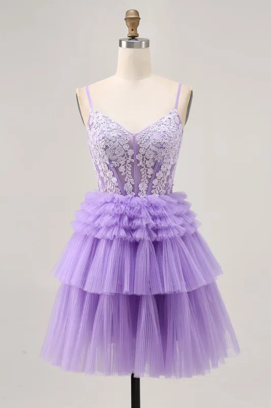 Lavender Off The Shoulder Beaded Tiered A-Line Homecoming Dress made by Wedtrend