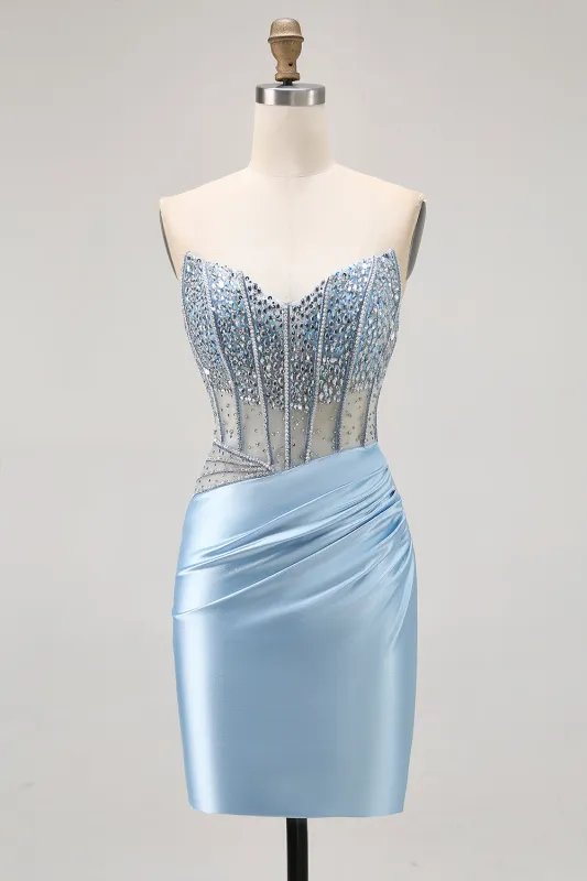 Blue Strapless Satin Beaded Corset Tight Homecoming Dress sold by Wedtrend