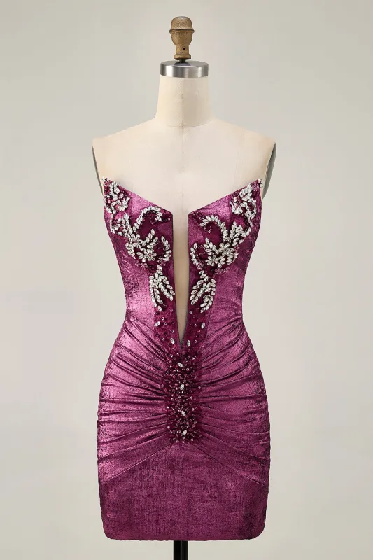 Strapless Bodycon Beaded Wine Homecoming Dress with Rhinestones made by Wedtrend