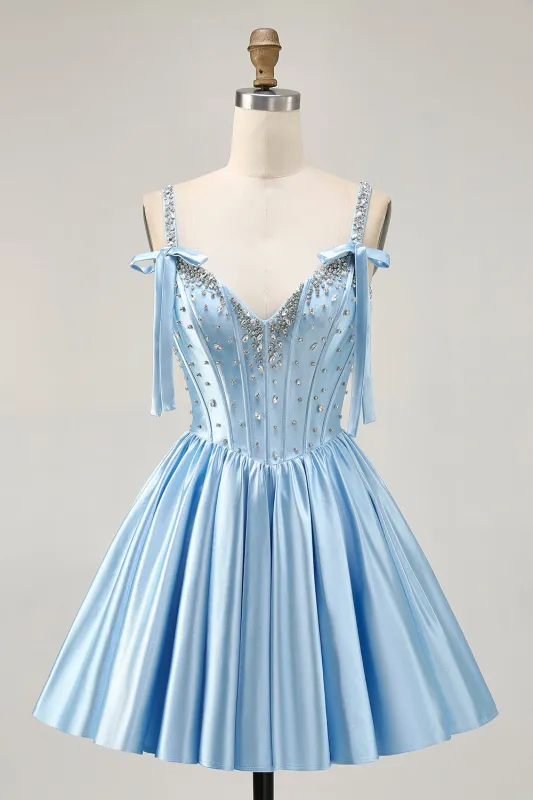 Blue A Line Beaded Corset Satin Short Homecoming Dress with Bows made by Wedtrend