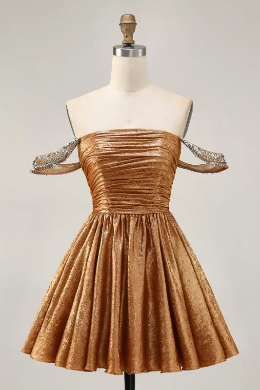 Metallic Golden A-Line Off The Shoulder Beaded Ruched Homecoming Dress made by Wedtrend