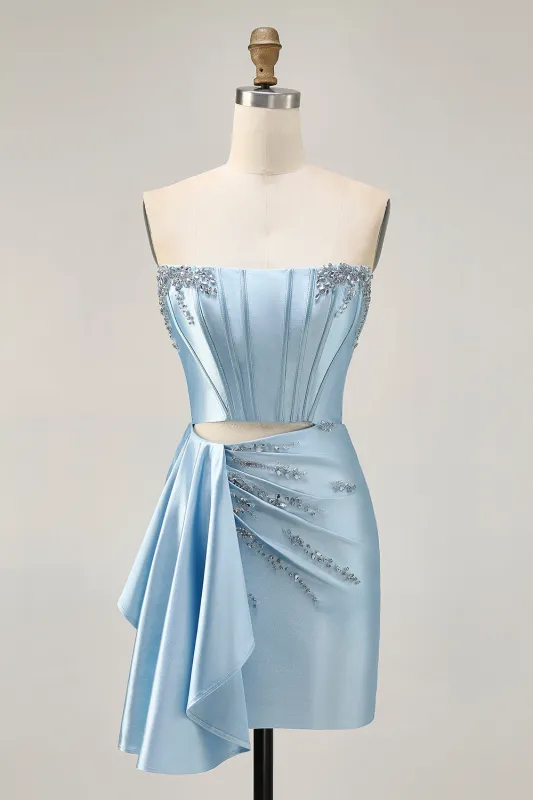 Blue Beaded Corset Tight Cut Out Satin Homecoming Dress with Streamer made by Wedtrend
