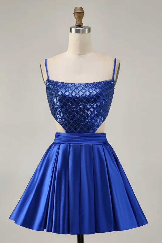 Sparkly Royal Blue A-Line Cut Out Sequins Short Homecoming Dress made by Wedtrend