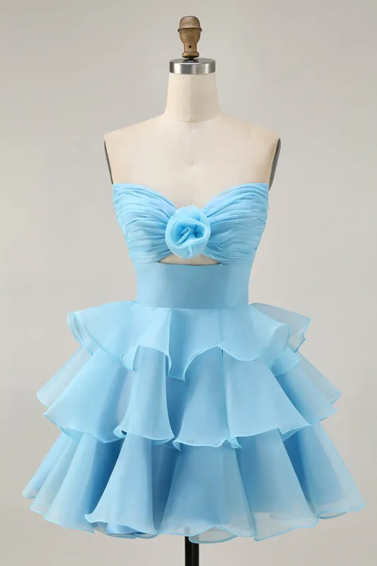 Cute A-Line Tiered Strapless Cut Out Blue Short Homecoming Dress sold by Wedtrend
