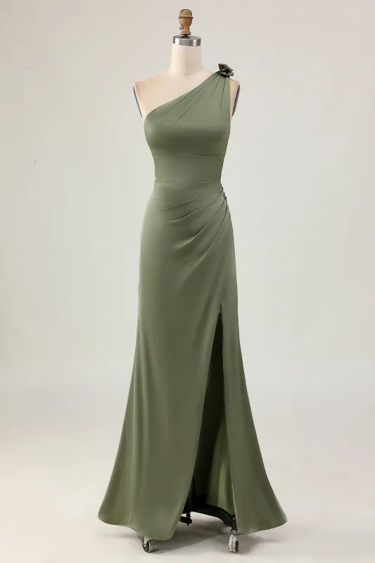 Eucalyptus Mermaid One Shoulder Long Bridesmaid Dress with Slit made by Wedtrend