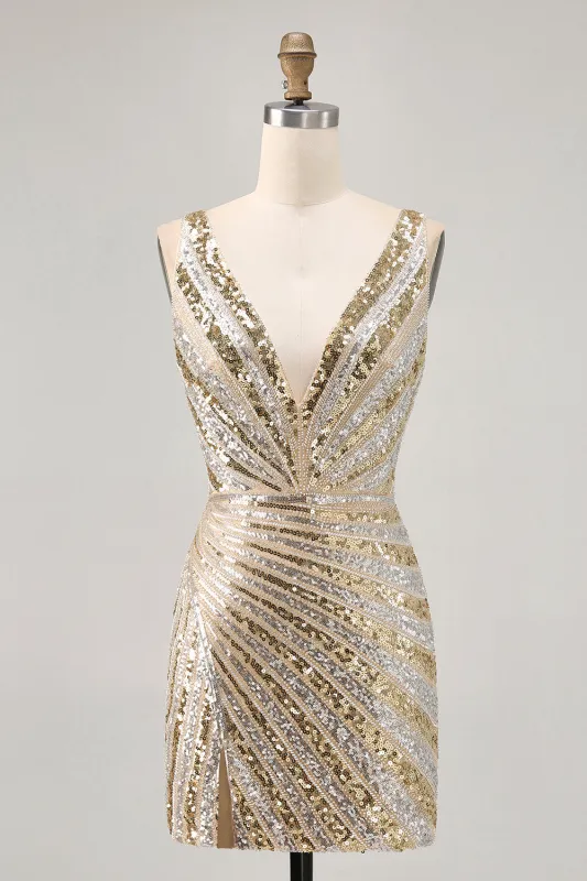 Sparkly Sequins Golden V-Neck Backless Short Homecoming Dress sold by Wedtrend