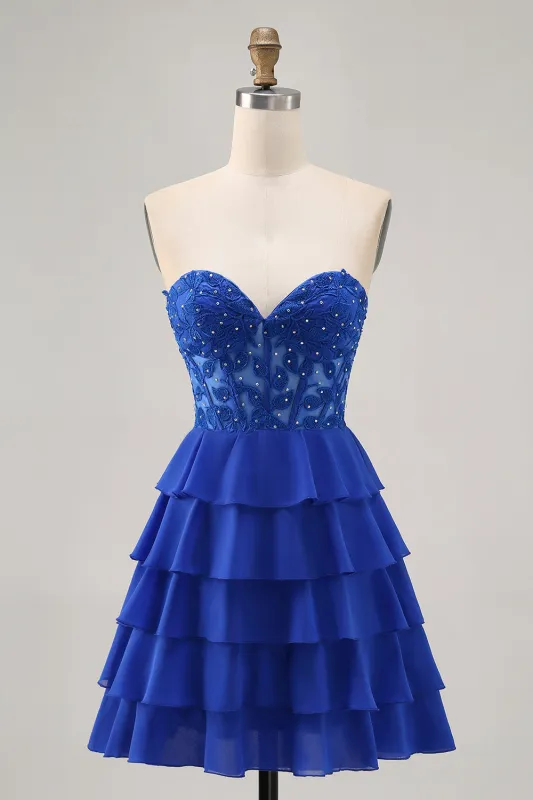 Strapless A-Line Tiered Corset Royal Blue Homecoming Dress with Beading made by Wedtrend