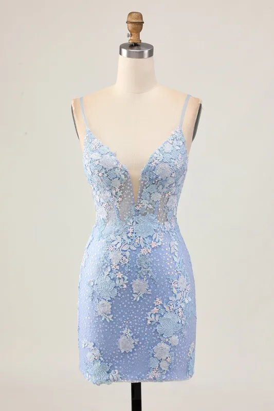 Sparkly Light Blue Sequins Bodycon Floral Homecoming Dress with Appliques made by Wedtrend
