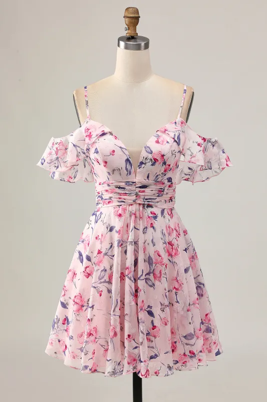 Cold Shoulder A Line Pink Floral Short Homecoming Dress made by Wedtrend