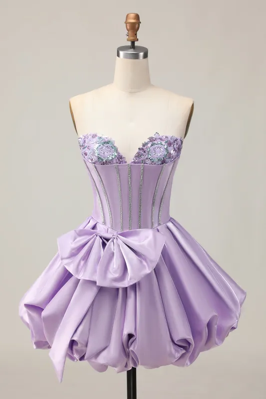 A-Line Strapless Corset Beaded Purple Short Homecoming Dress with Bow sold by Wedtrend