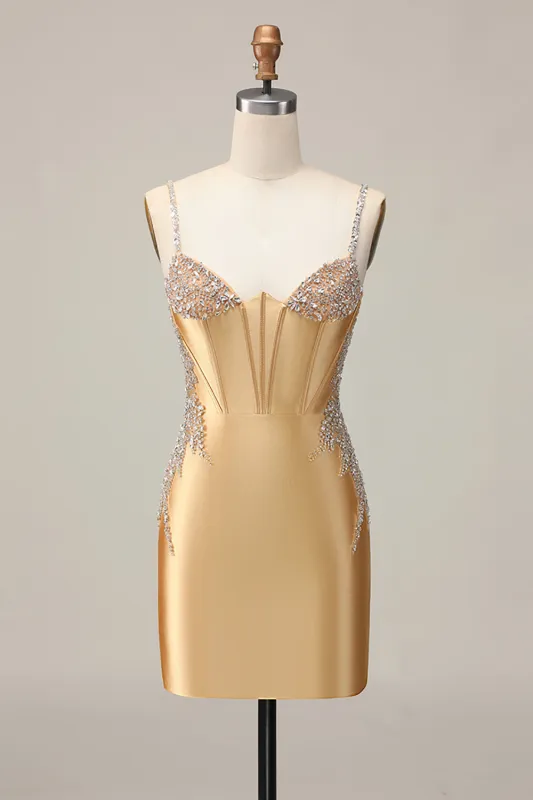 Golden Bodycon Corset Beaded Homecoming Dress with Lace Up Back made by Wedtrend