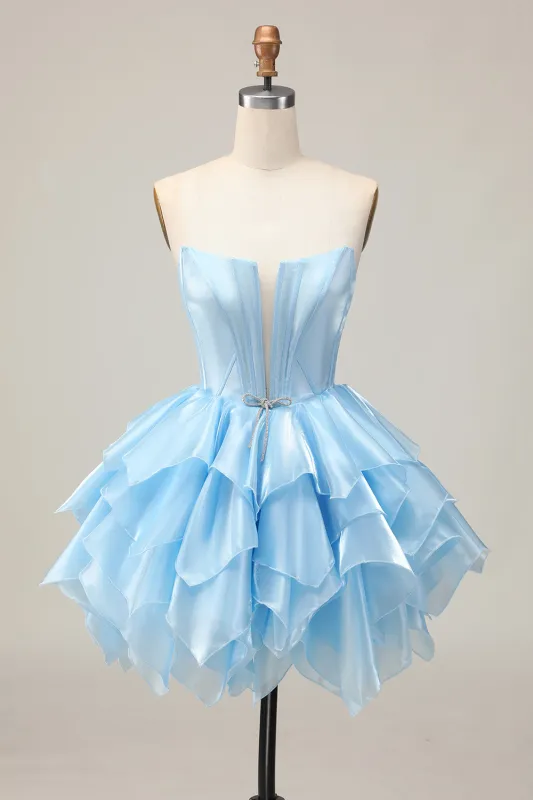 Blue A Line Strapless Tiered Corset Homecoming Dress with Lace Up Back sold by Wedtrend