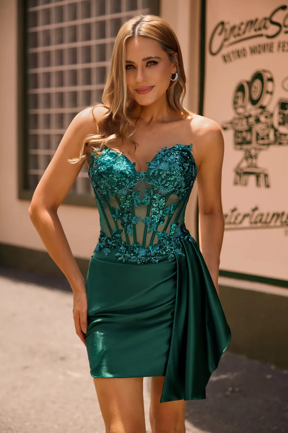 Sparkly Bodycon Strapless Dark Green Corset Sequins Homecoming Dress with Streamer sold by Wedtrend