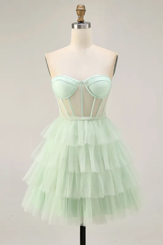 Light Green A-Line Strapless Sheer Corset Tiered Short Homecoming Dress sold by Wedtrend
